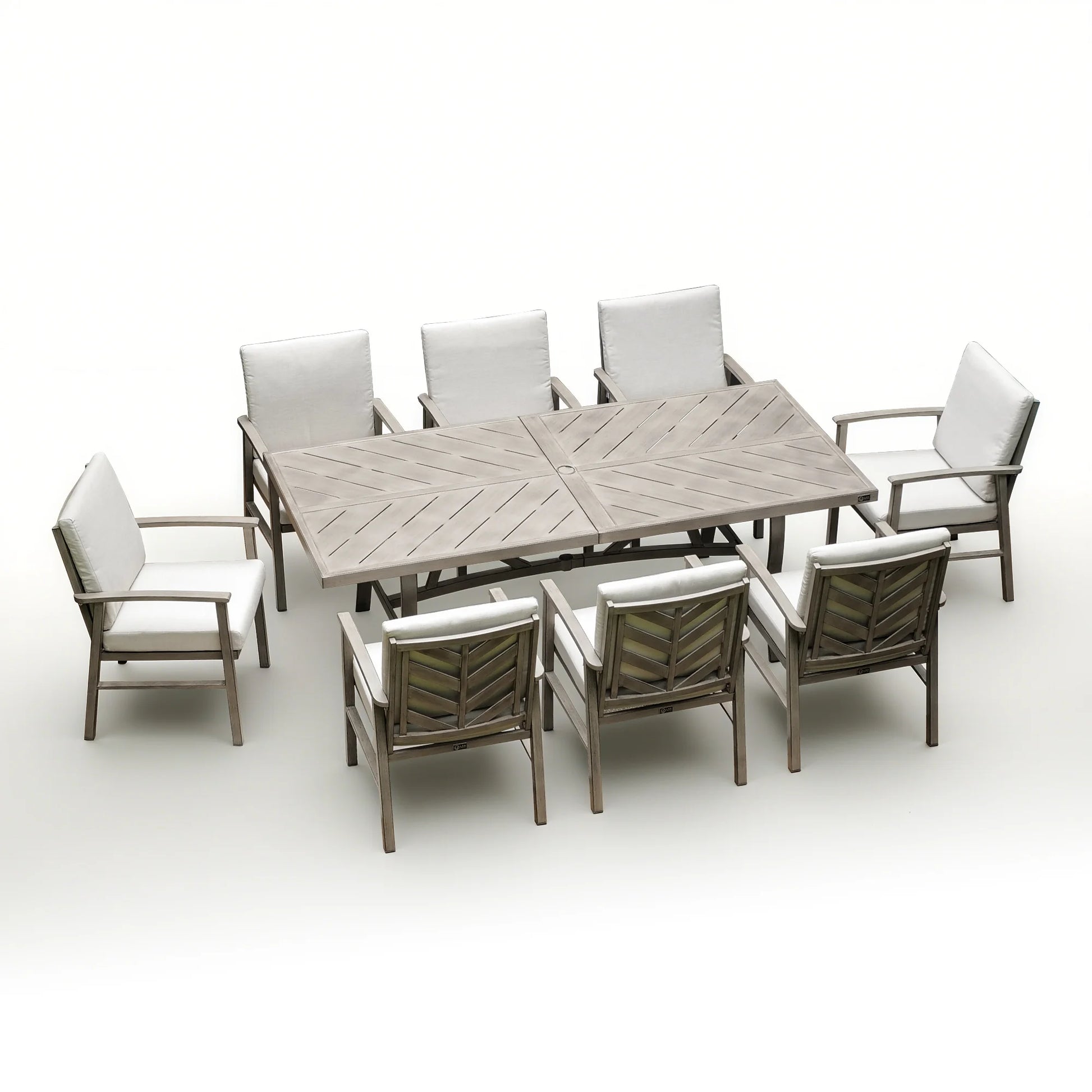 Outdoor furniture set with a large square table and eight chairs