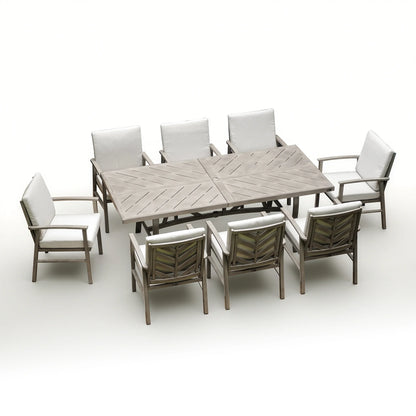 Outdoor furniture set with a large square table and eight chairs