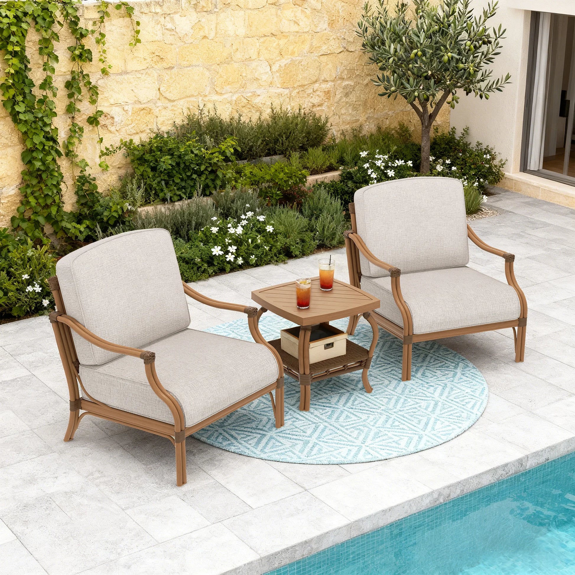 Two outdoor chairs with a small table on a patio near a pool.
