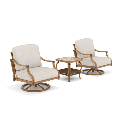 Two wooden chairs with beige cushions and a matching side table
