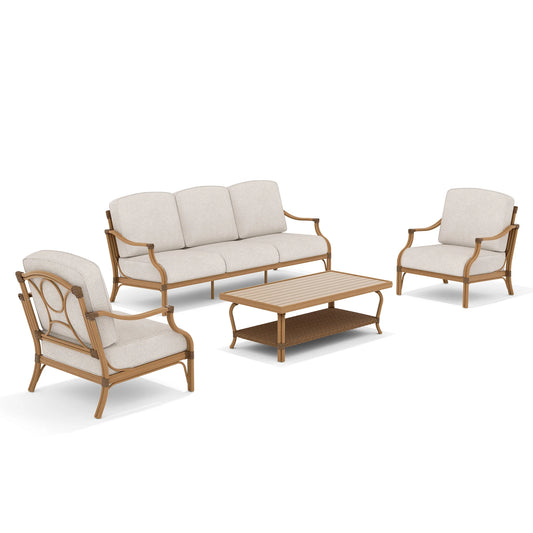 Outdoor furniture set with sofa, two chairs, and a coffee table