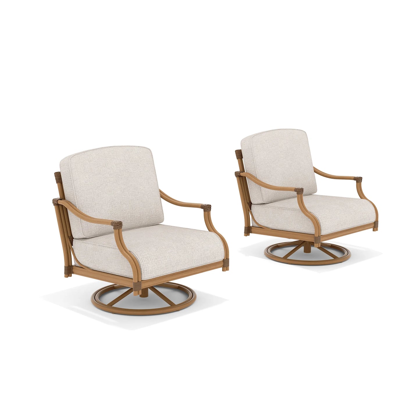 Two beige cushioned armchairs with aluminum frames 