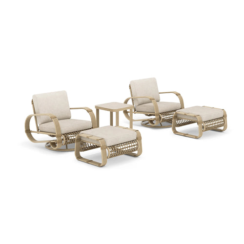 Outdoor furniture set with two chairs, a table, and two ottomans 