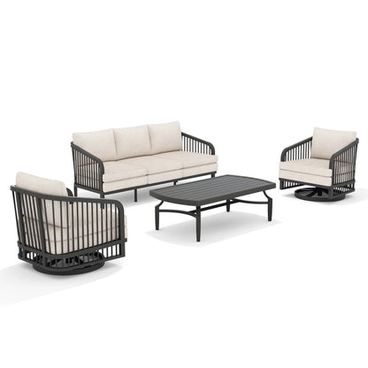Outdoor furniture set with black frames and beige cushions on a white background