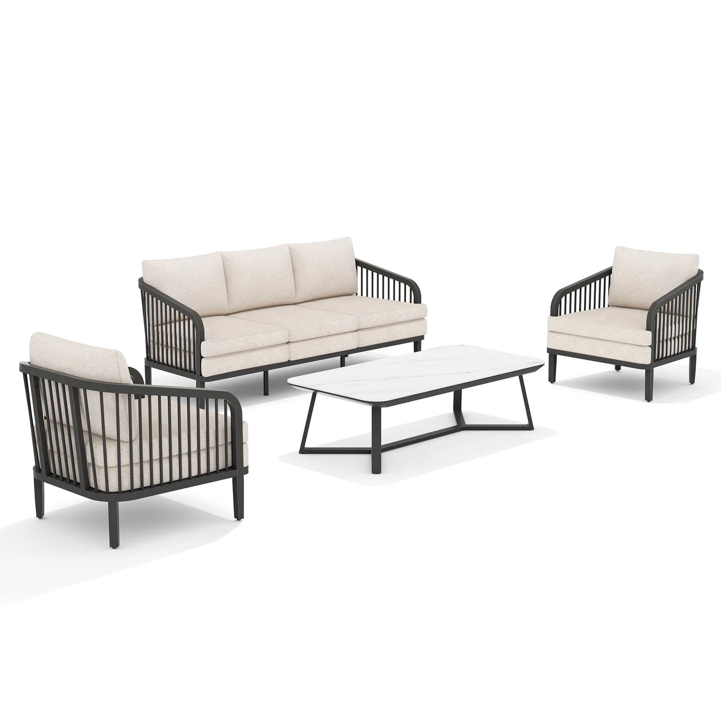 Outdoor furniture set with sofa, chairs, and table on a white background