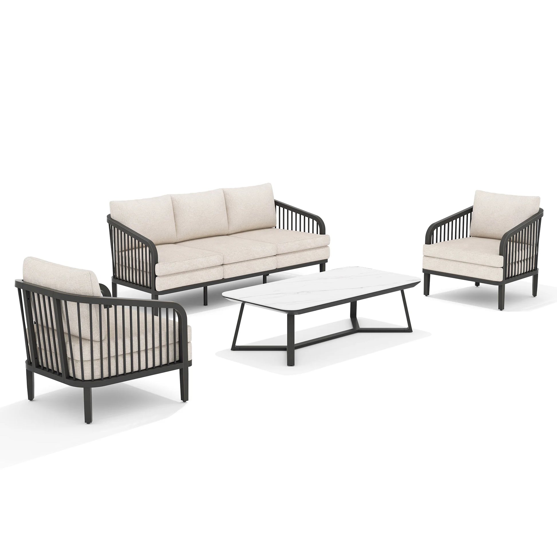 Outdoor furniture set with sofa, chairs, and table on a white background