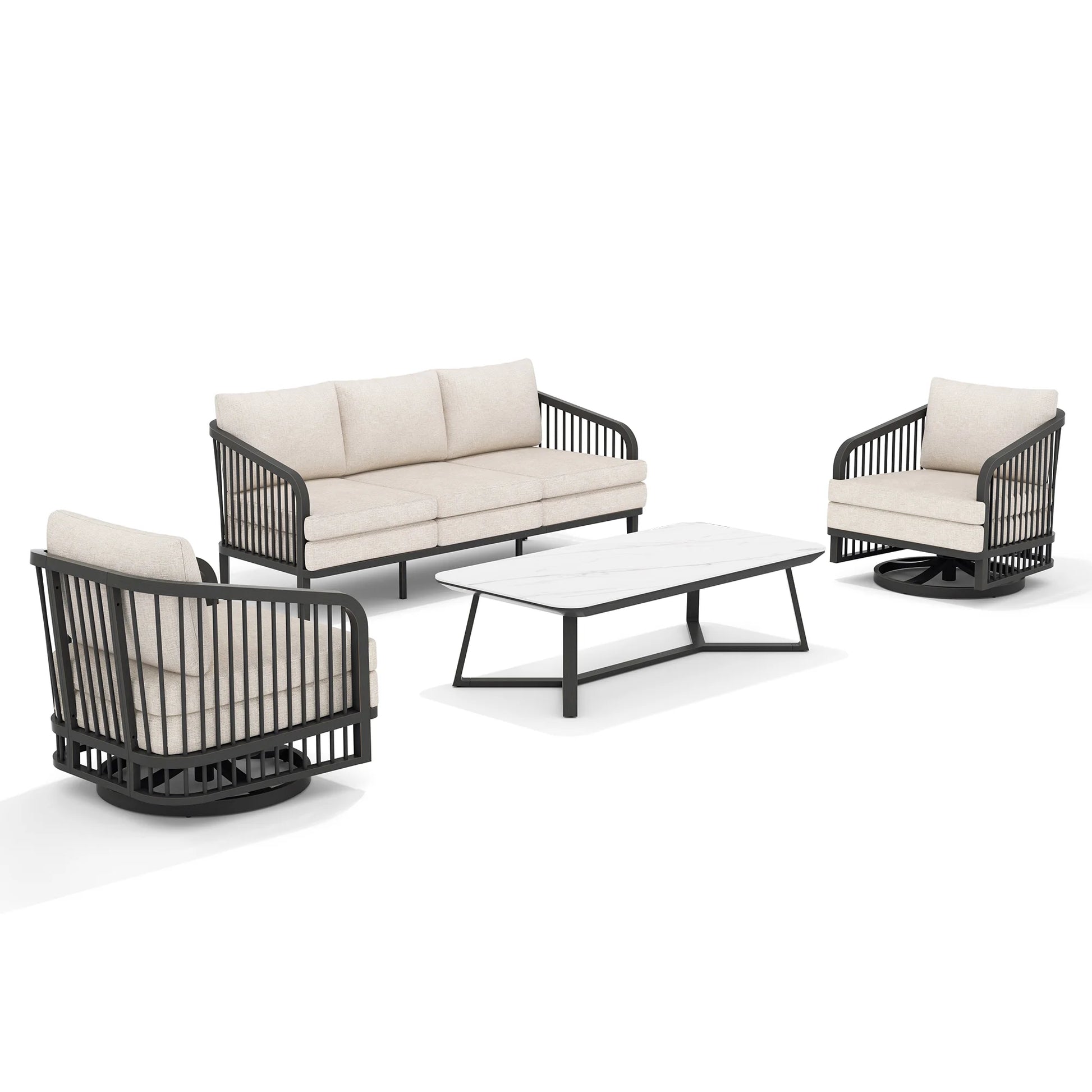 Outdoor furniture set with black frames and white cushions on a white background