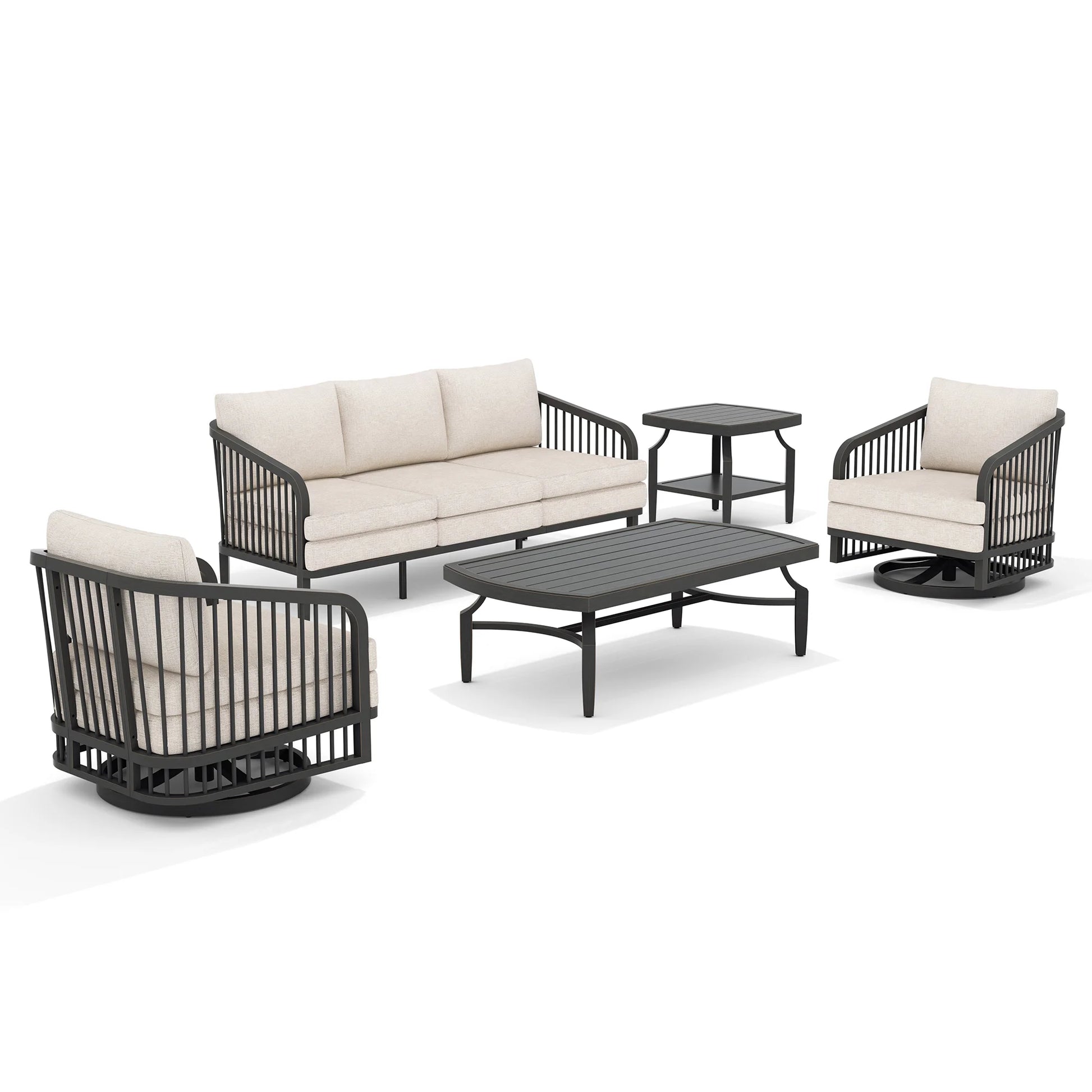 Outdoor furniture set with a sofa, two chairs, and a coffee table 
