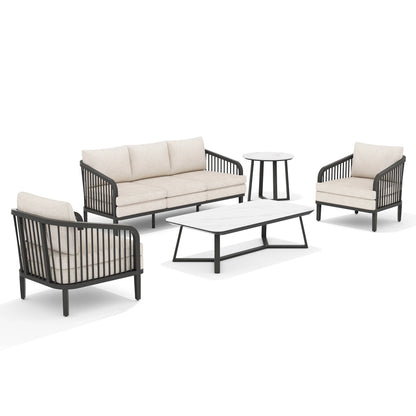 Outdoor furniture set with sofa, chairs, and table 