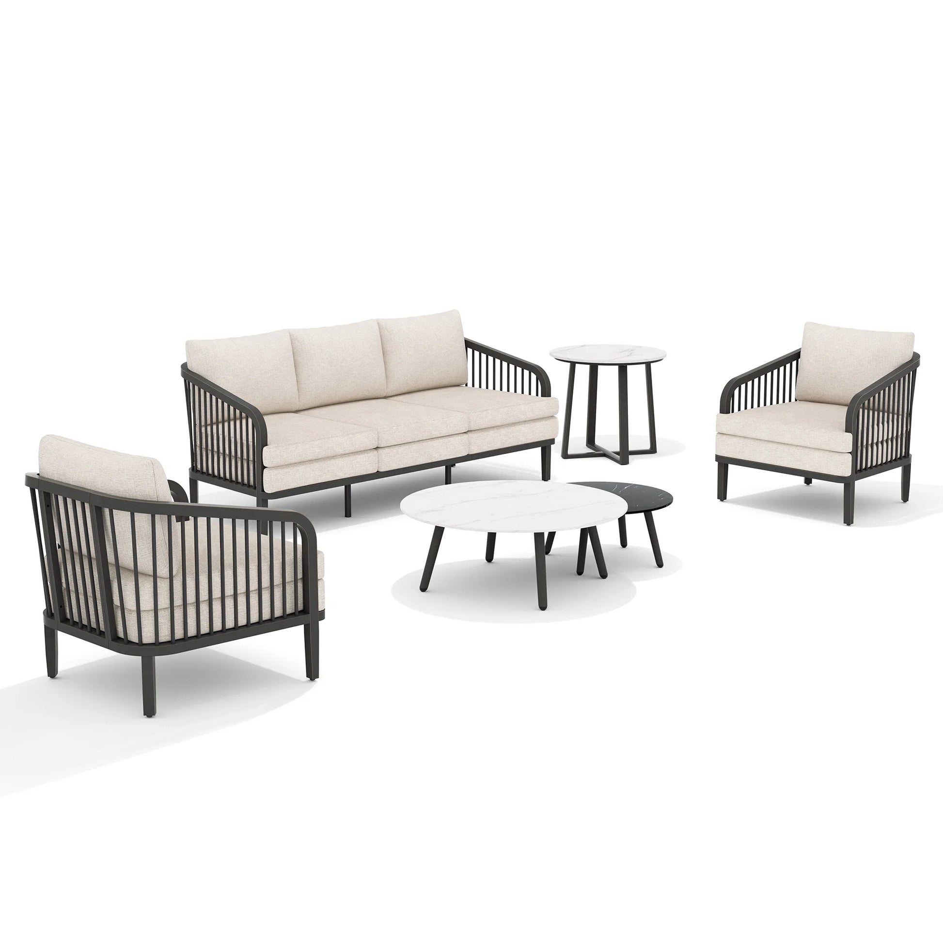 Outdoor furniture set with sofa, chairs, and tables
