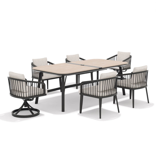 Outdoor dining set with a table and six chairs on a white background
