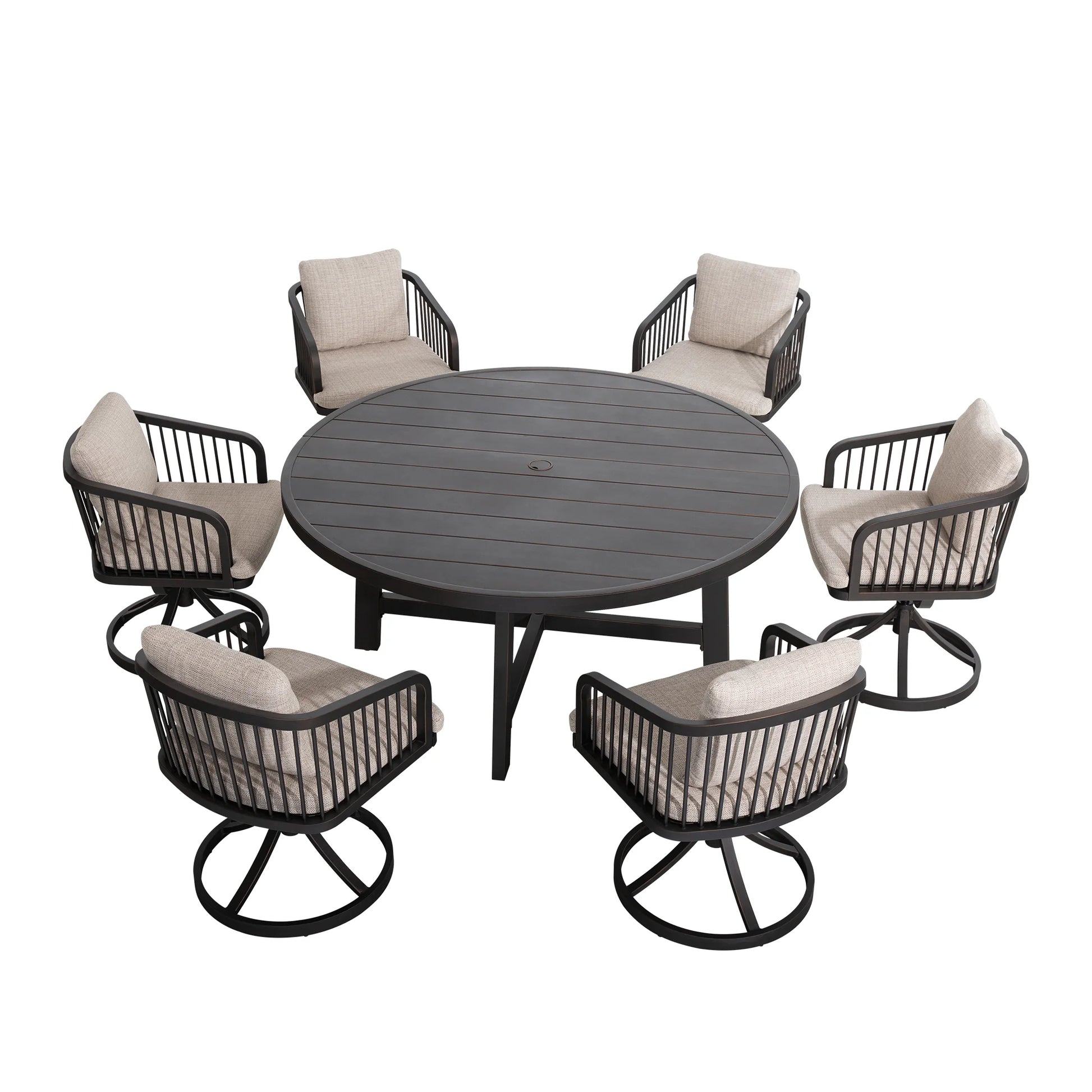 Round outdoor table with six swivel chairs