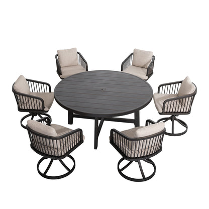 Round outdoor table with six swivel chairs