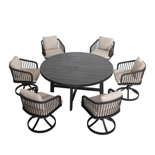 Round outdoor table with six swivel chairs
