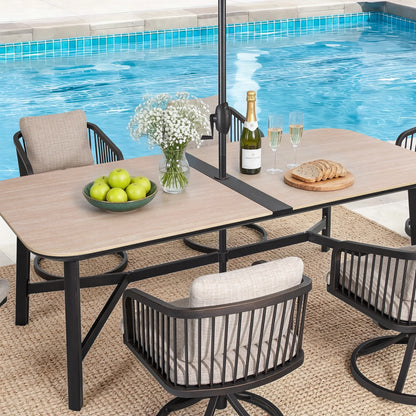 Outdoor patio table set with chairs by a pool