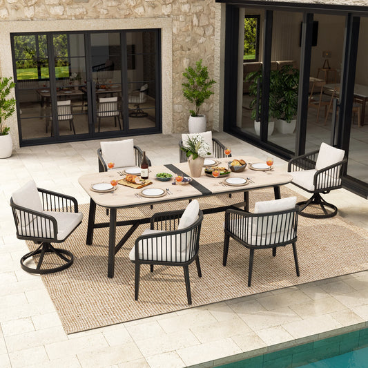 Outdoor dining setup with a table and chairs on a patio area.