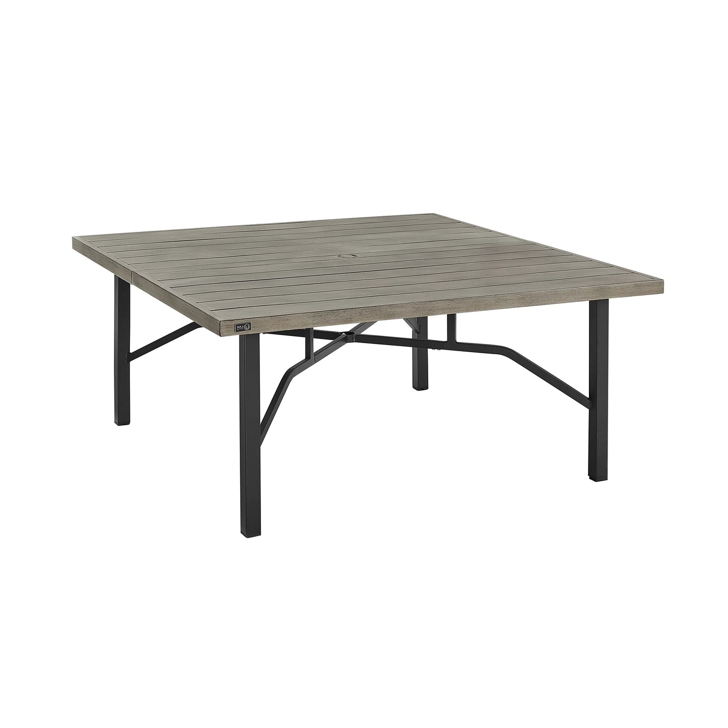 Square outdoor table with gray top and black legs