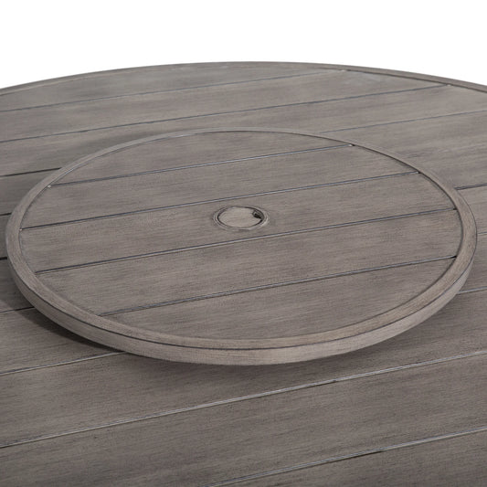 Round wooden deck with a central drain hole on a white background