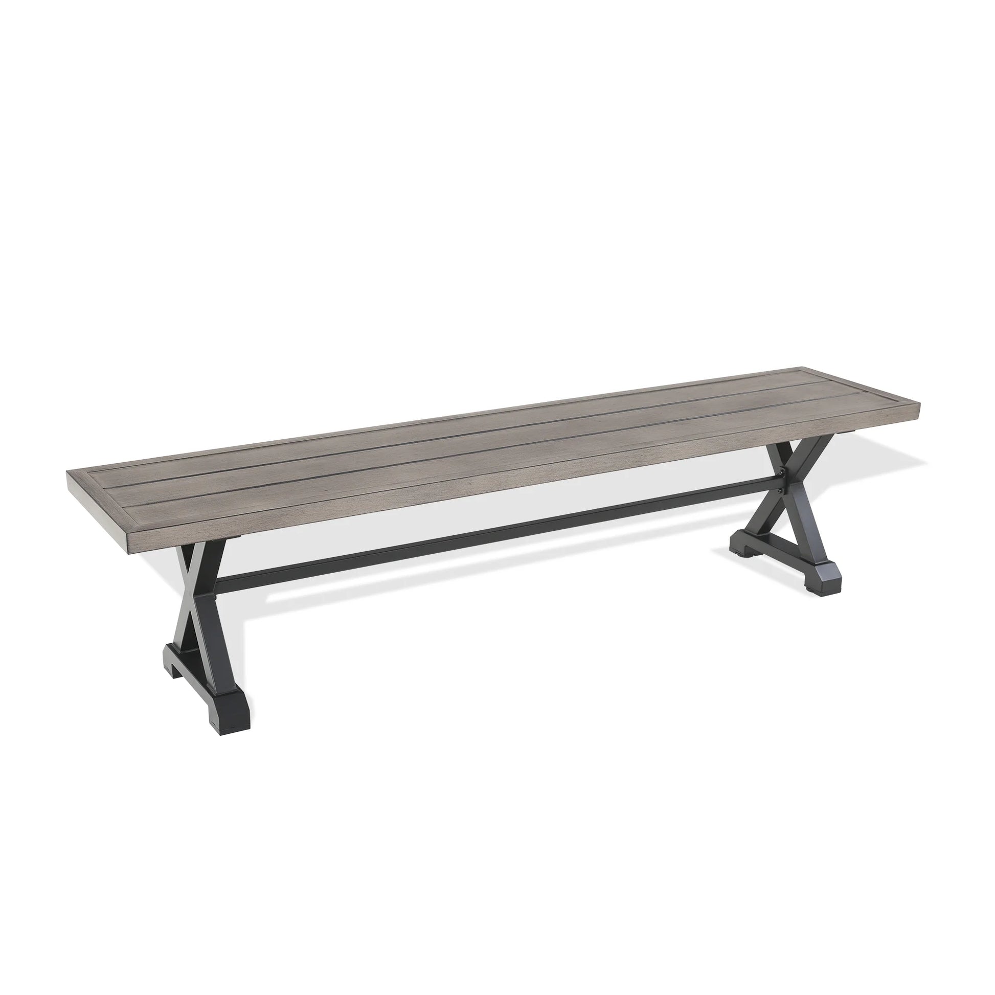 Long bench with wooden top and metal legs