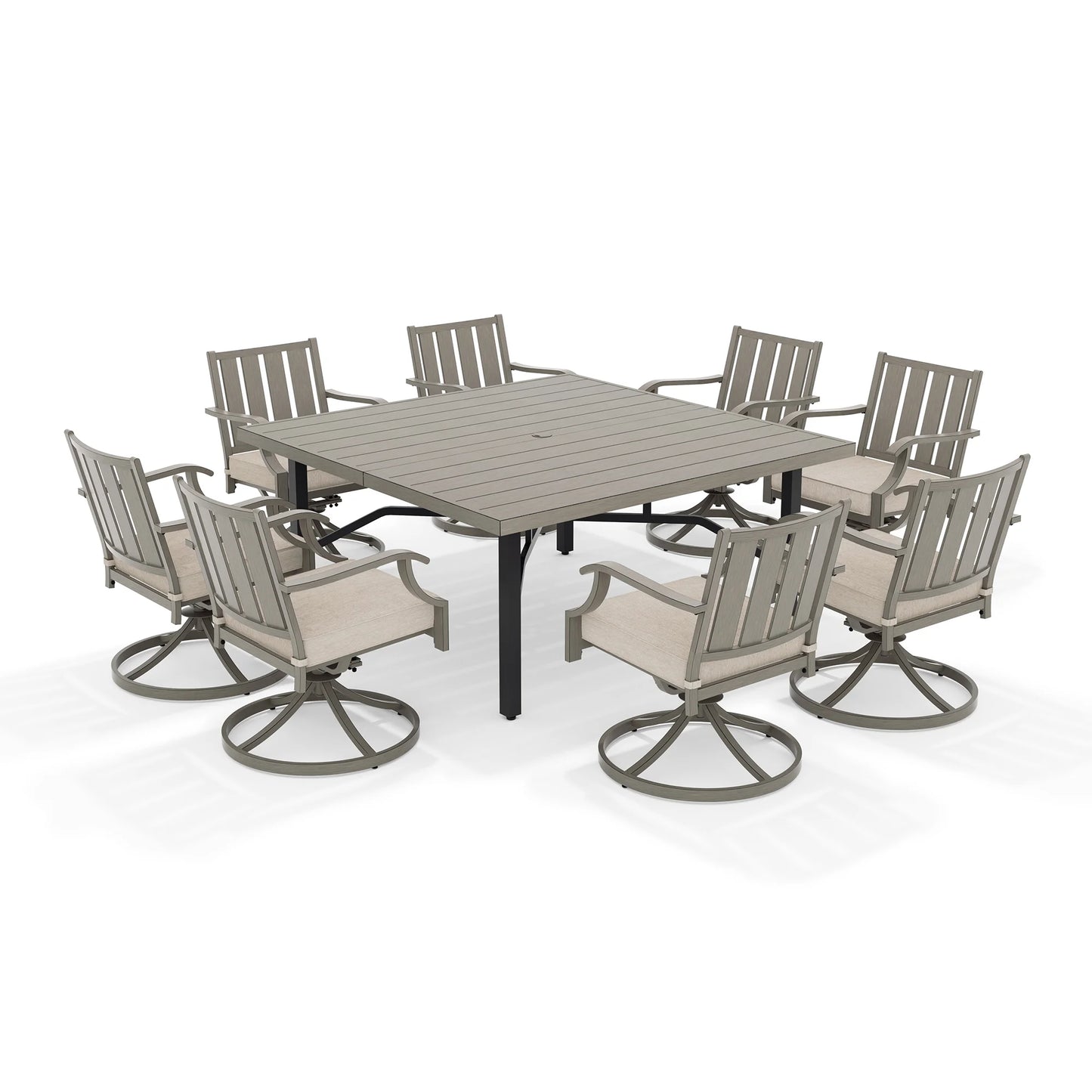 Outdoor dining set with a rectangular table and eight swivel chairs 