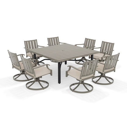 Outdoor dining set with a rectangular table and eight swivel chairs 