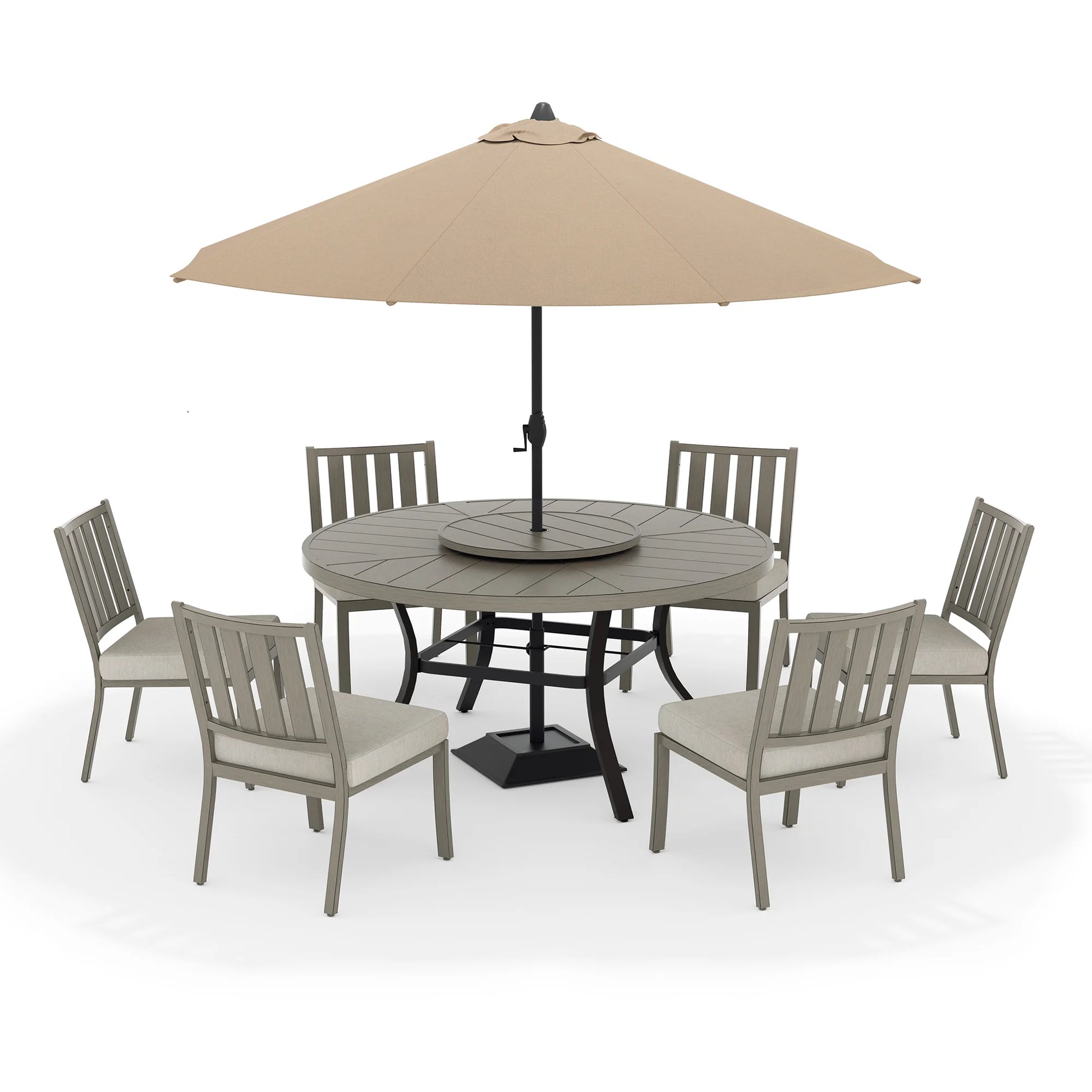 Patio dining set with round table and six chairs under a beige umbrella