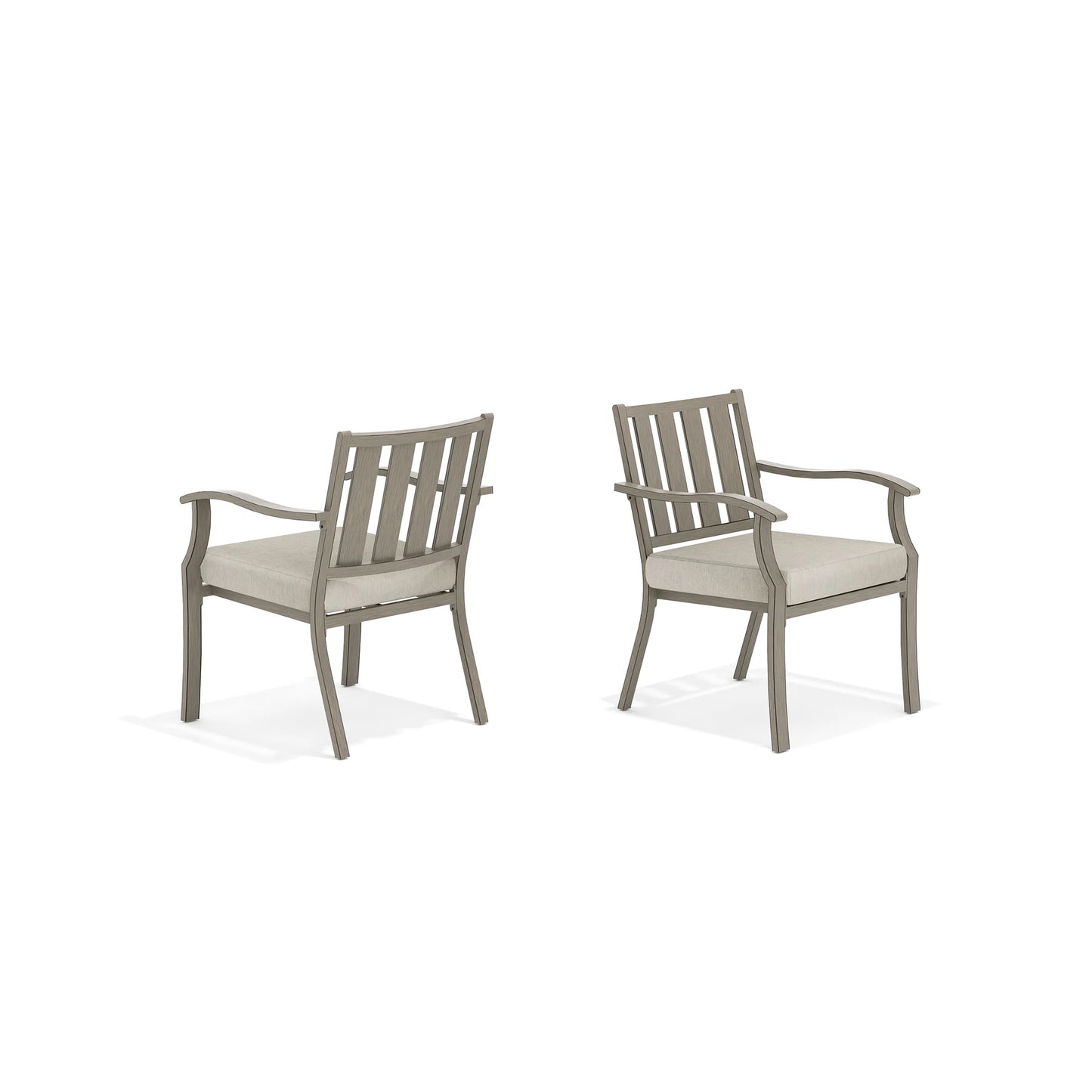 Two gray chairs with beige cushions 