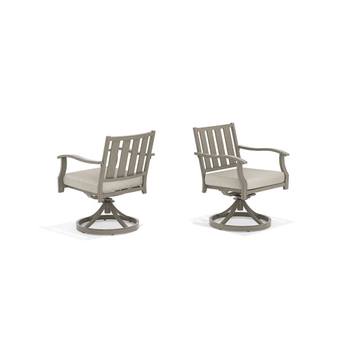 Two gray swivel chairs with beige cushions 