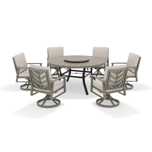 Round outdoor dining table with six swivel chairs