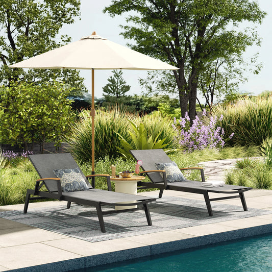 PEAKHOME-Canyon Patio Aluminum Chaise Lounge Set With Phifertex® Sling Fabric And Teak Side Table