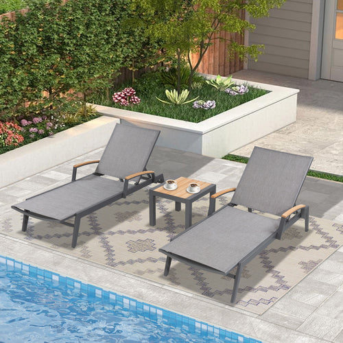 Canyon Patio Aluminum Chaise Lounge Set With Phifertex® Sling Fabric And Teak Top Side Table