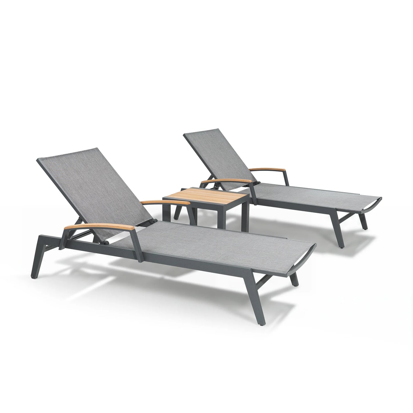 Two gray lounge chairs with wooden armrests and a matching side table on a white background