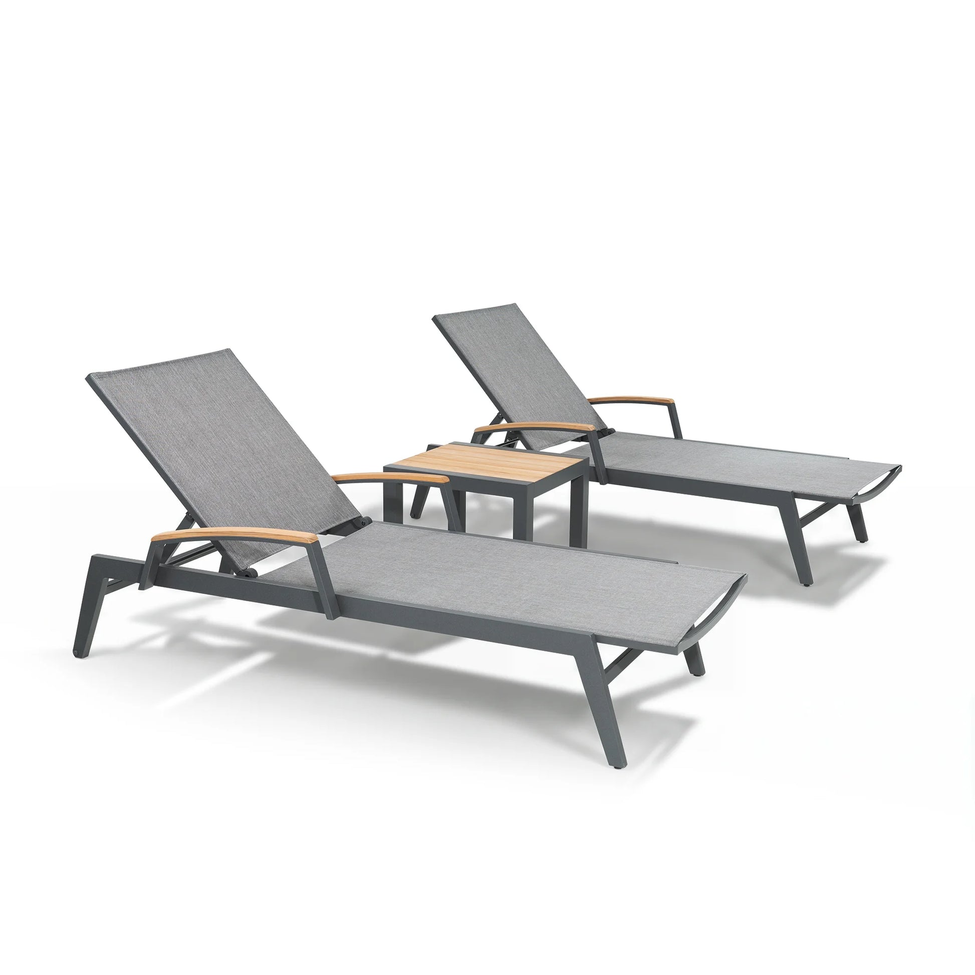 Two gray lounge chairs with wooden armrests and a matching side table on a white background