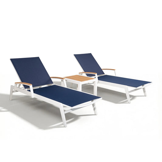 Canyon 3pcs patio armrest chaise lounge set, streamlined linear aluminum frame, breathable Phifertex textilene sling fabric (no foam padding), two outdoor lounge chairs and natural teak top side table, white background