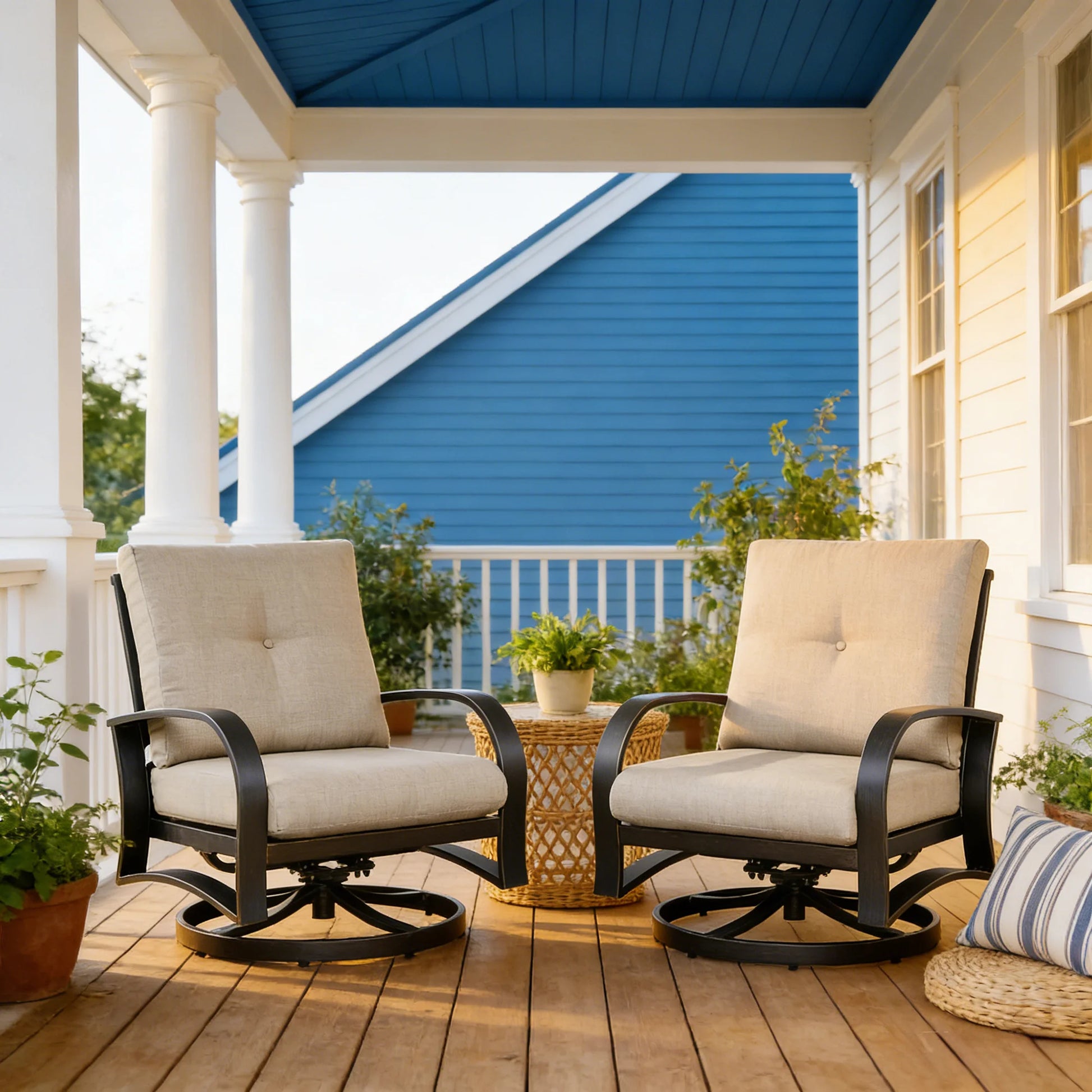 Two beige cushioned chairs on a wooden deck with a blue house in the background.