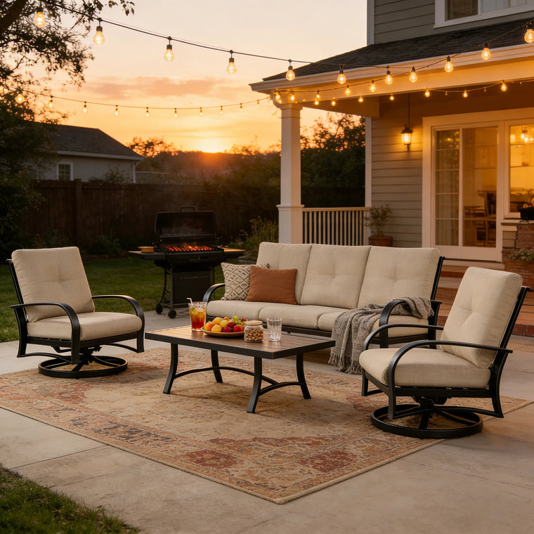 Outdoor patio set with furniture and a sunset in the background