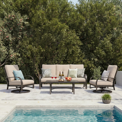 Outdoor patio set with furniture and decor by a poolside.