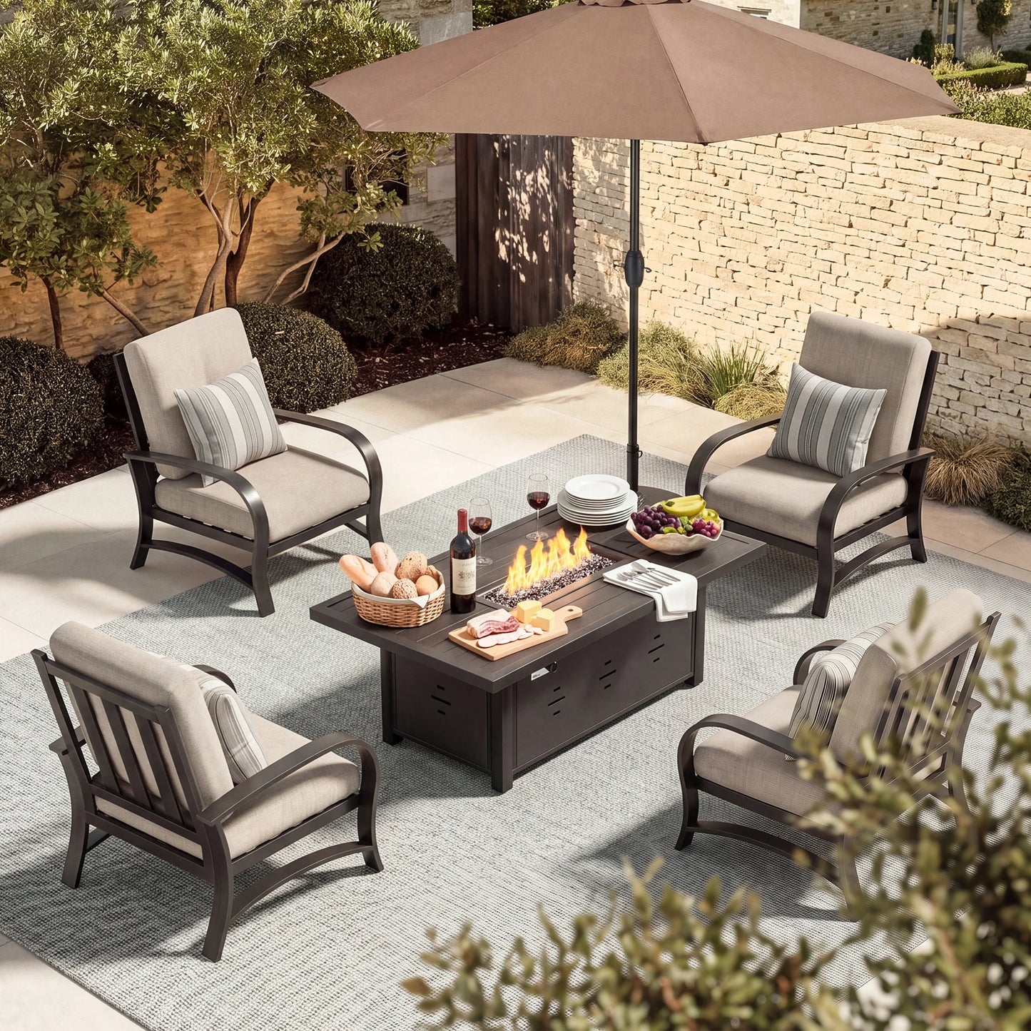 Chamber 4 Seat Outdoor Club Chair Sets With Sunbrella® Cushions And Fire Pit Table