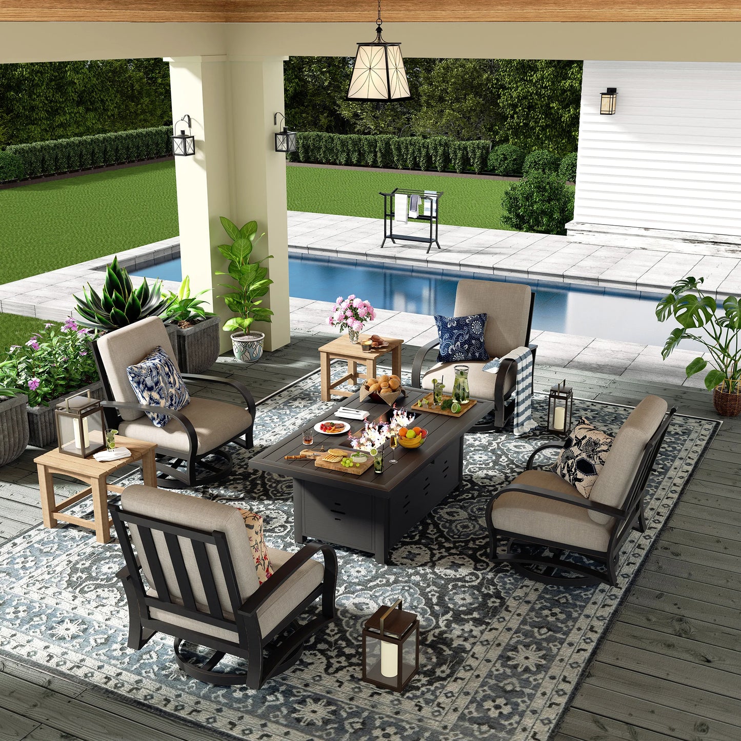 Outdoor patio set with furniture and decor by a pool