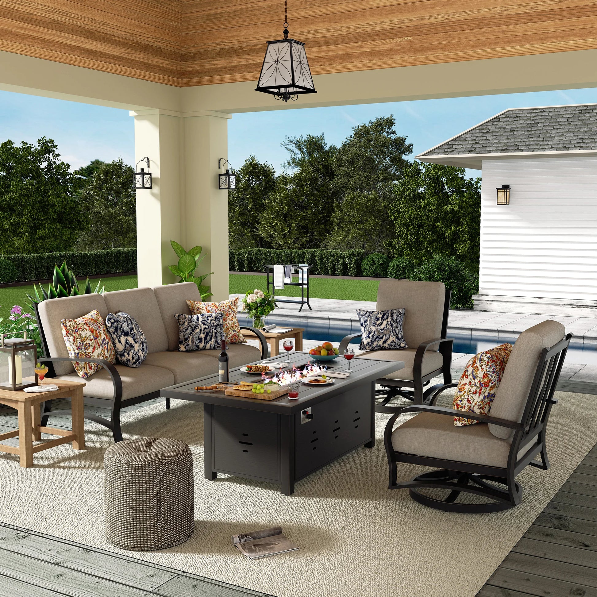 Outdoor patio with furniture, fire pit, and view of a pool and garden.