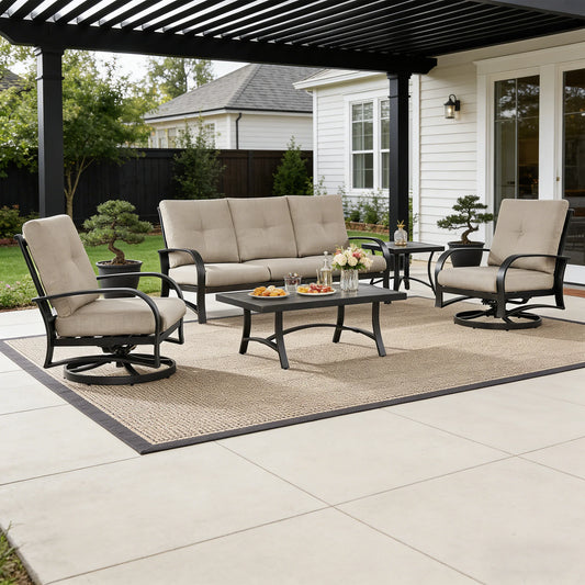 Outdoor patio set with furniture and table on a patio area.