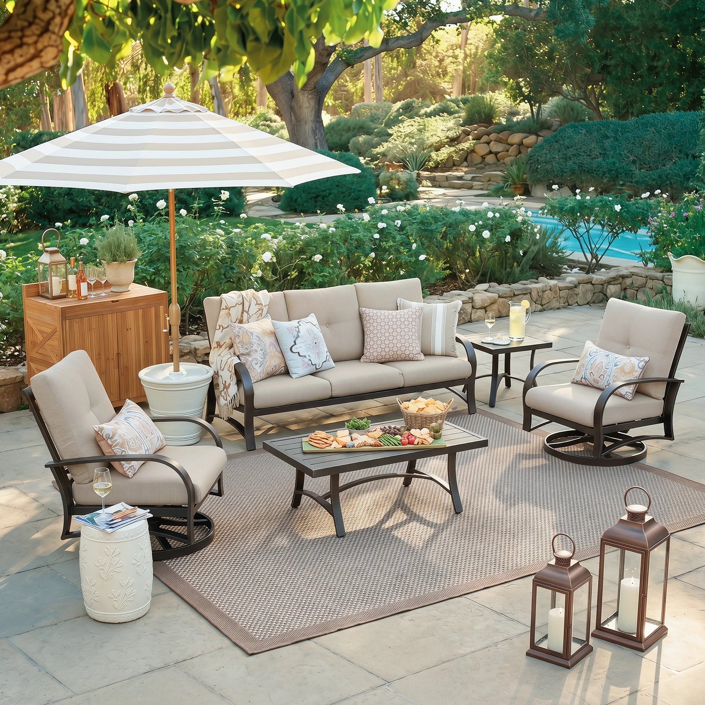 Chamber 5 Pieces Aluminum Outdoor Swivel Chair Sets with Sunbrella® Cushions