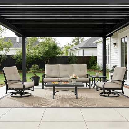 Outdoor patio set with sofa, chairs, and table under a covered area.
