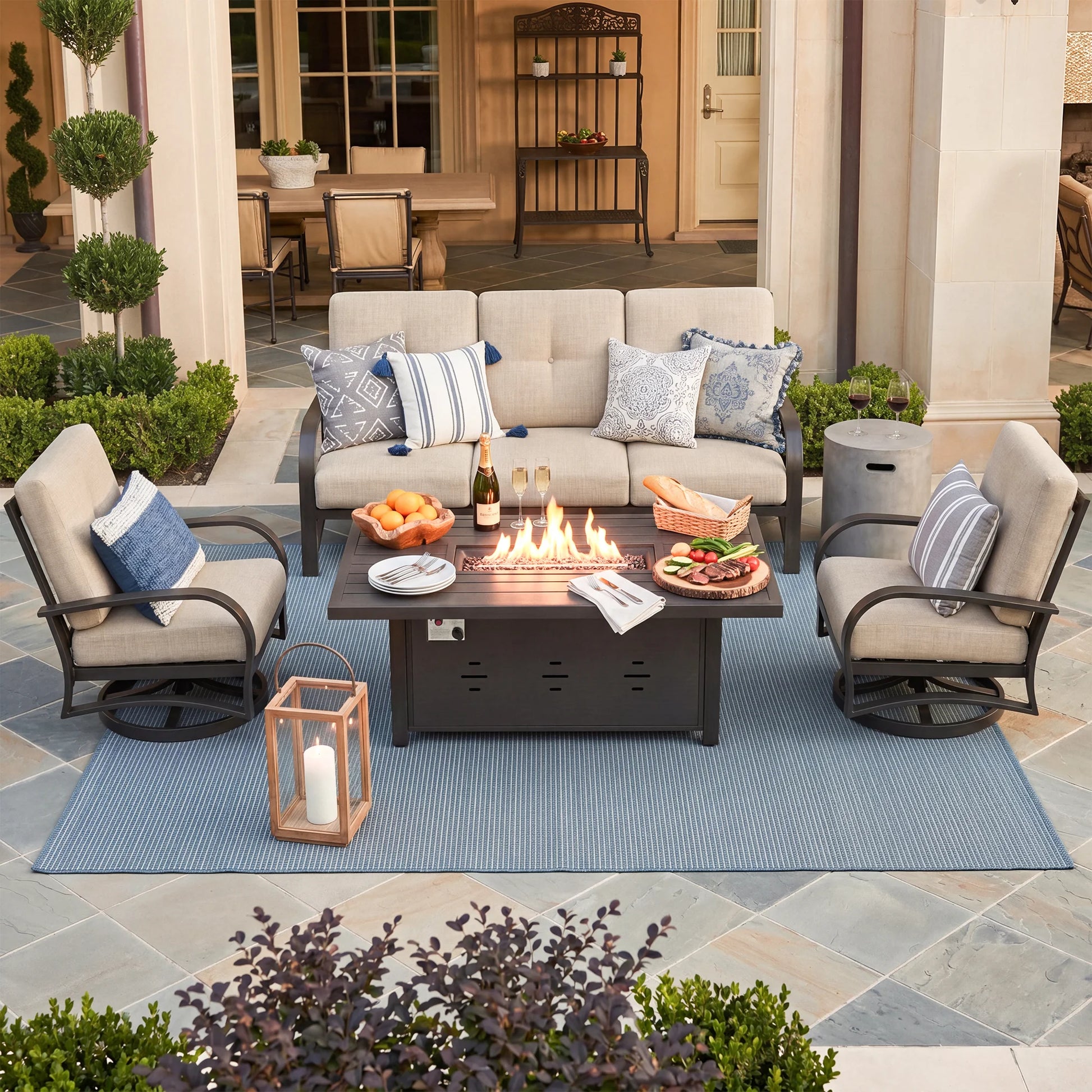 Chamber 5 Seater Outdoor Swivel Seating Set With Sunbrella® Cushions And Fire Pit Table