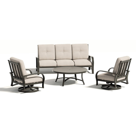 Outdoor furniture set with a sofa, two chairs, and a table 