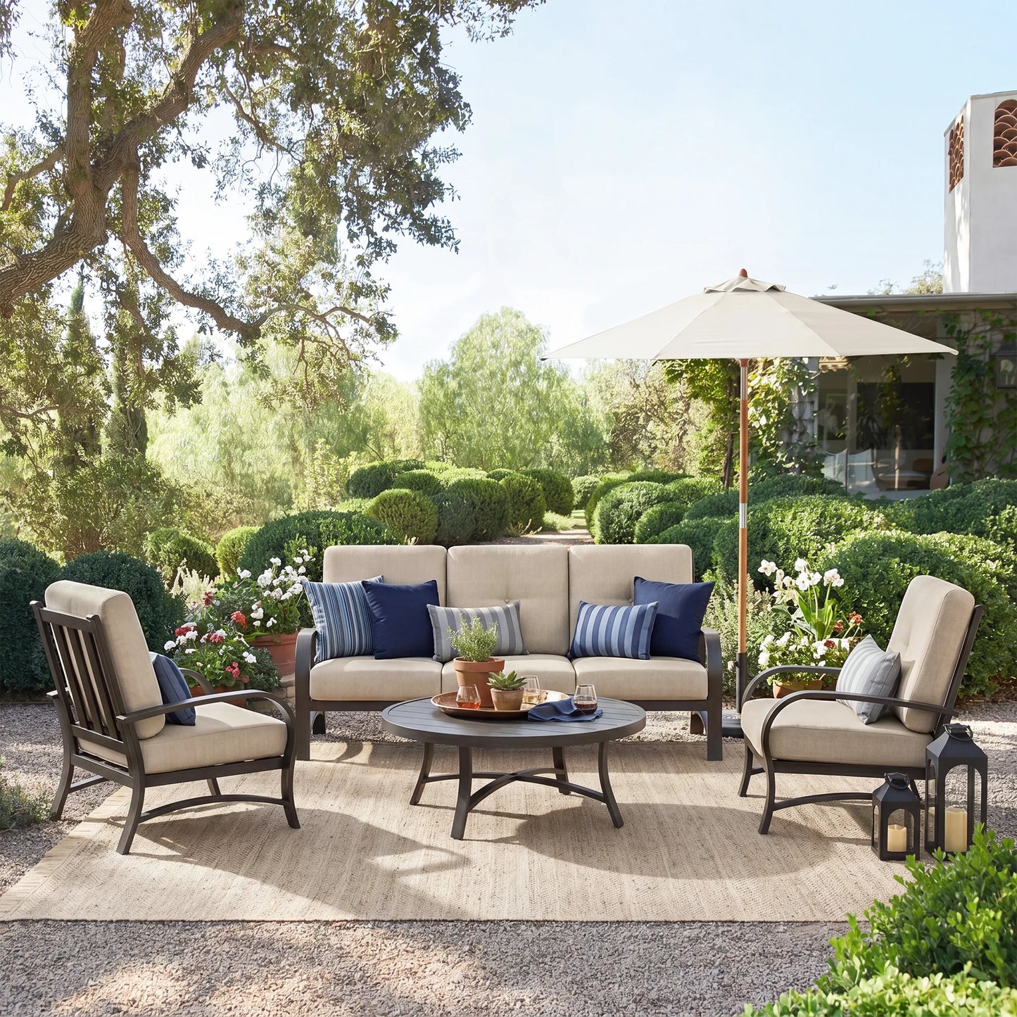 Chamber Patio Sofa and 2 Chairs with Round Coffee Table