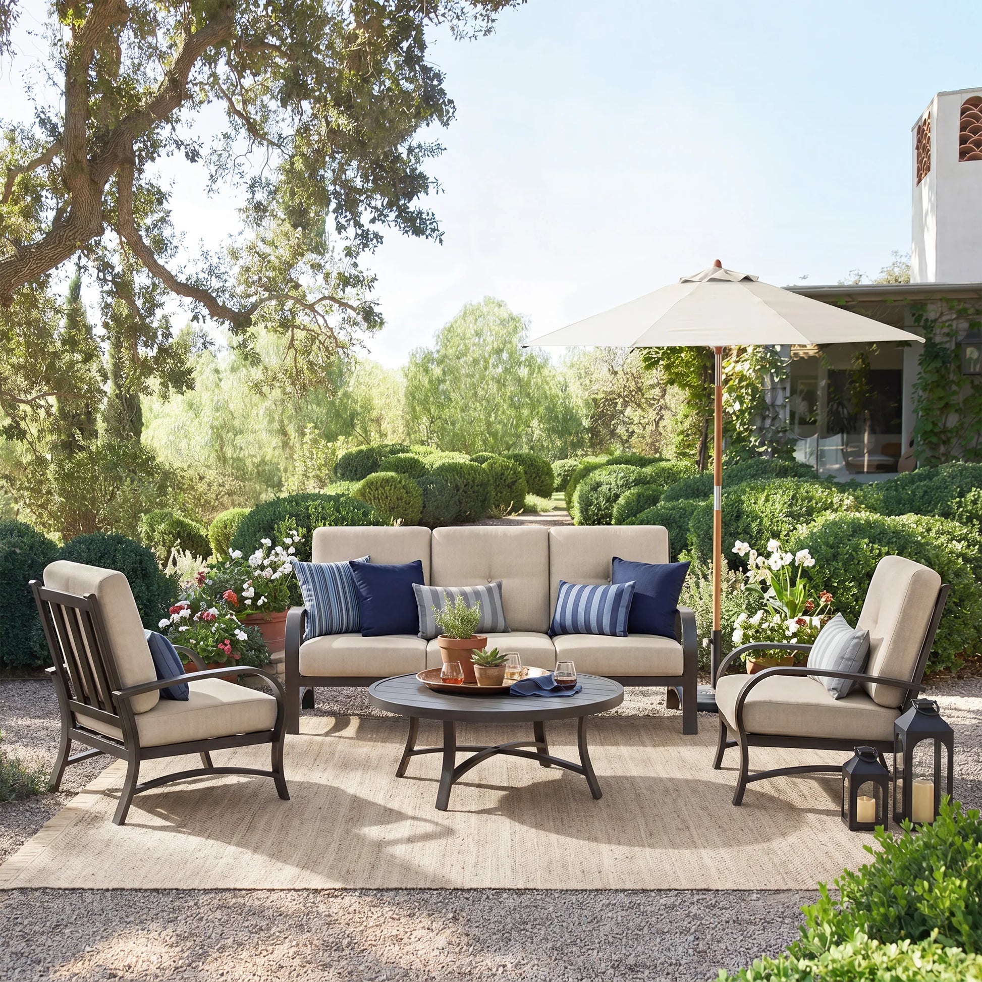 Chamber Patio Sofa and 2 Chairs with Round Coffee Table
