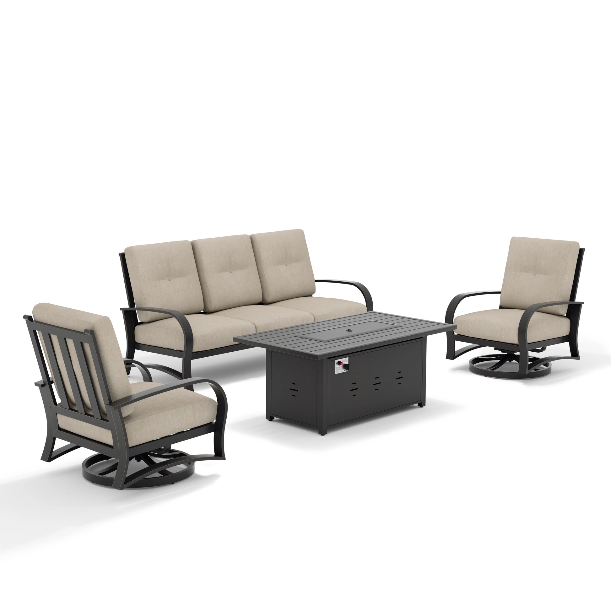 Outdoor furniture set with a sofa, two chairs, and a fire pit table