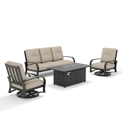 Outdoor furniture set with a sofa, two chairs, and a fire pit table