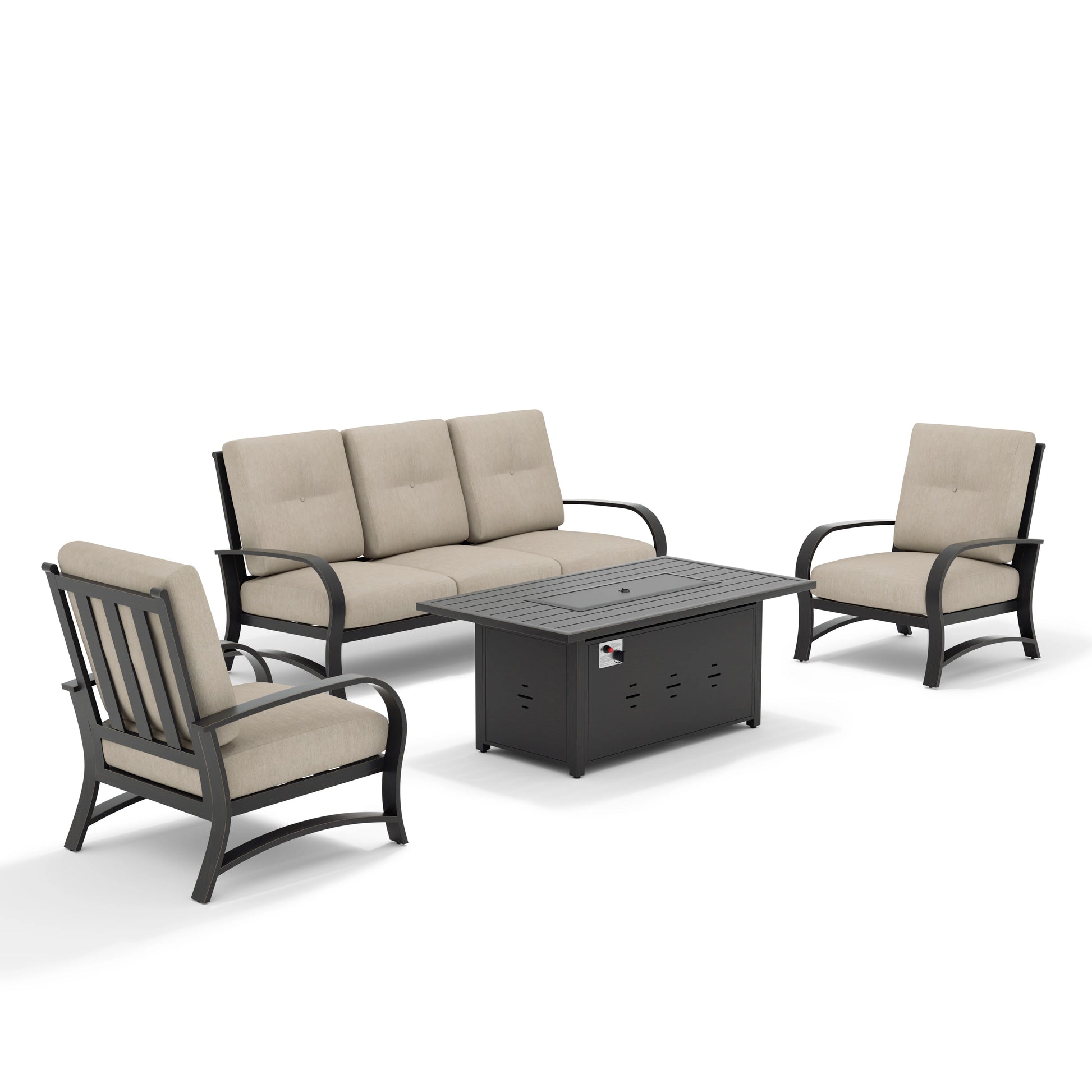 Outdoor furniture set with a sofa, two chairs, and a fire pit table